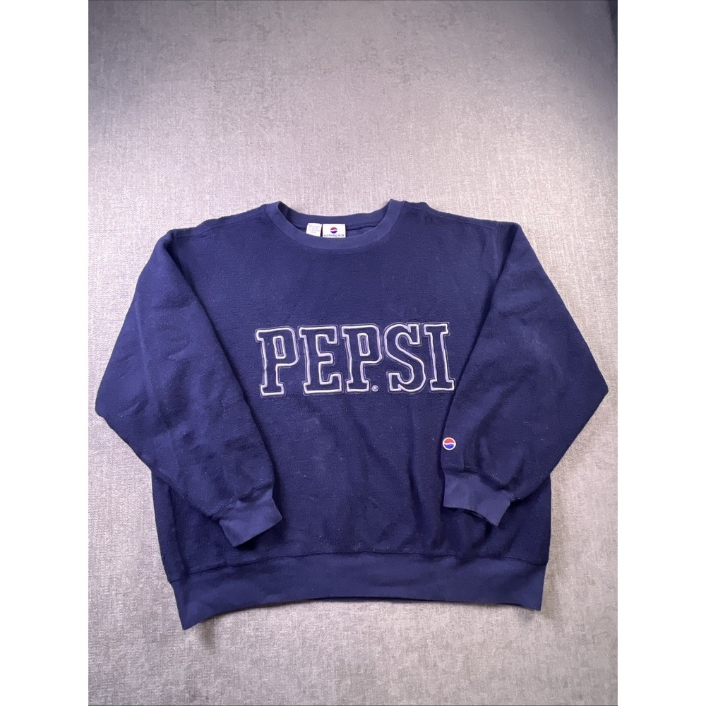 Vintage Pepsi Sweater Large Blue Fleece Pullover Crew Neck 90s Oversized Logo
